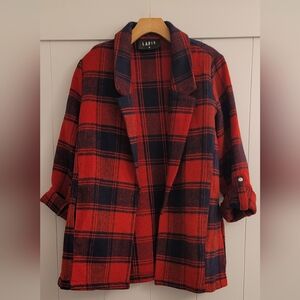Lapis Red & Navy Plaid Open-Front Blazer Size M